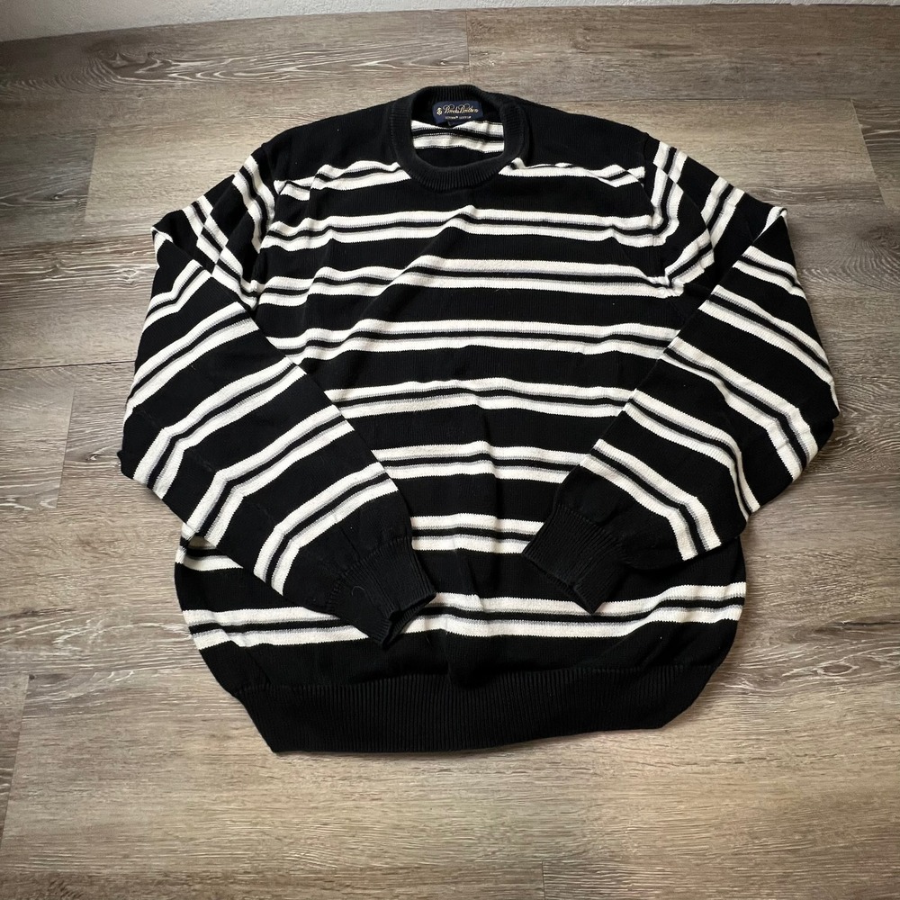 Brooks Brothers Sweater Mens XL Black White Striped Supima Cotton Crewneck Knit